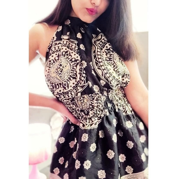 Black printed satin halter neck top